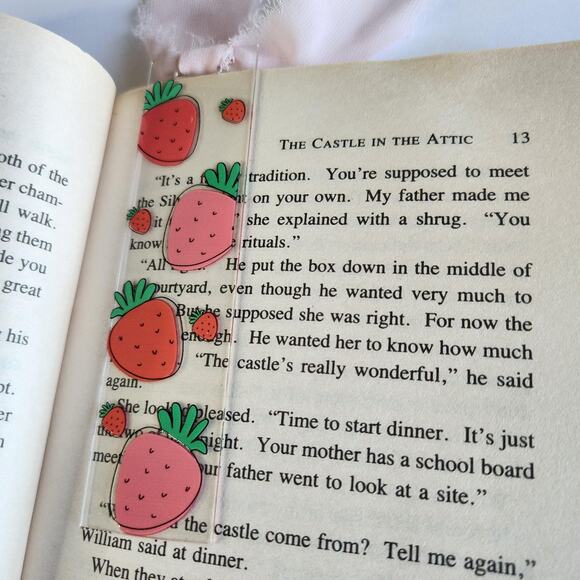 Artsy Strawberries Berry Print Bookmark Ribbon Bow Pink Coquette Bookish Gift - Picture 4 of 9